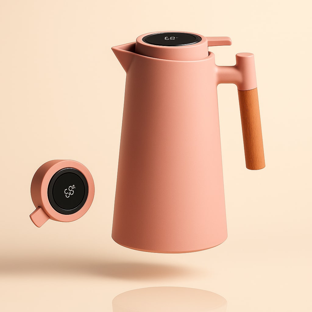 Verse koffie of thee geserveerd uit een 1L thermoskan met actuele temperatuurweergave voor perfecte smaak.