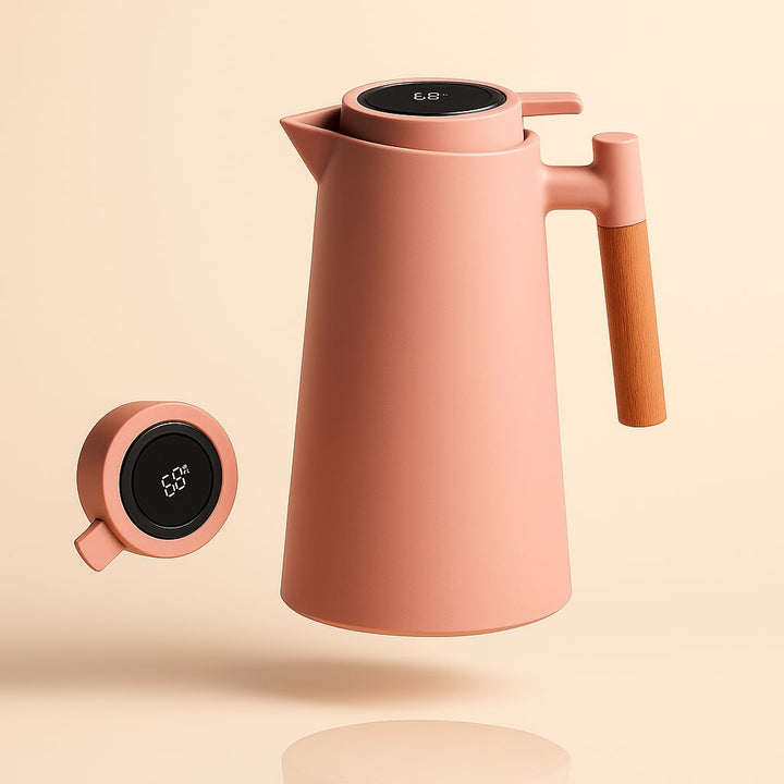 Verse koffie of thee geserveerd uit een 1L thermoskan met actuele temperatuurweergave voor perfecte smaak.