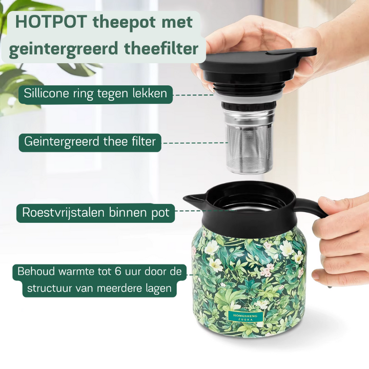 Roestvrijstalen warmhoudpot met theezeef en ergonomisch handvat. Comfortabel drinken.