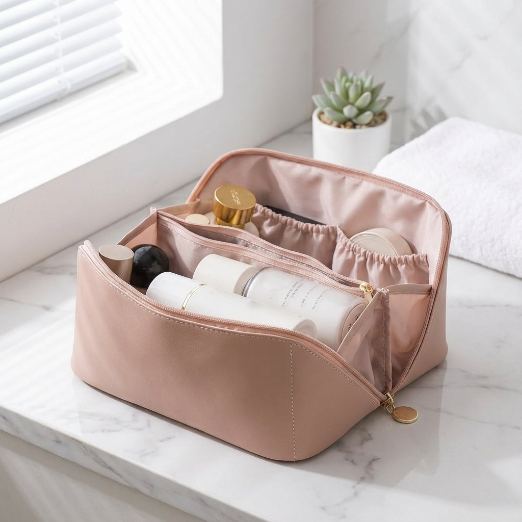 TidyBloom draagbare cosmetica organizer van kunstleer, ideaal voor make-up opbergen en reizen.