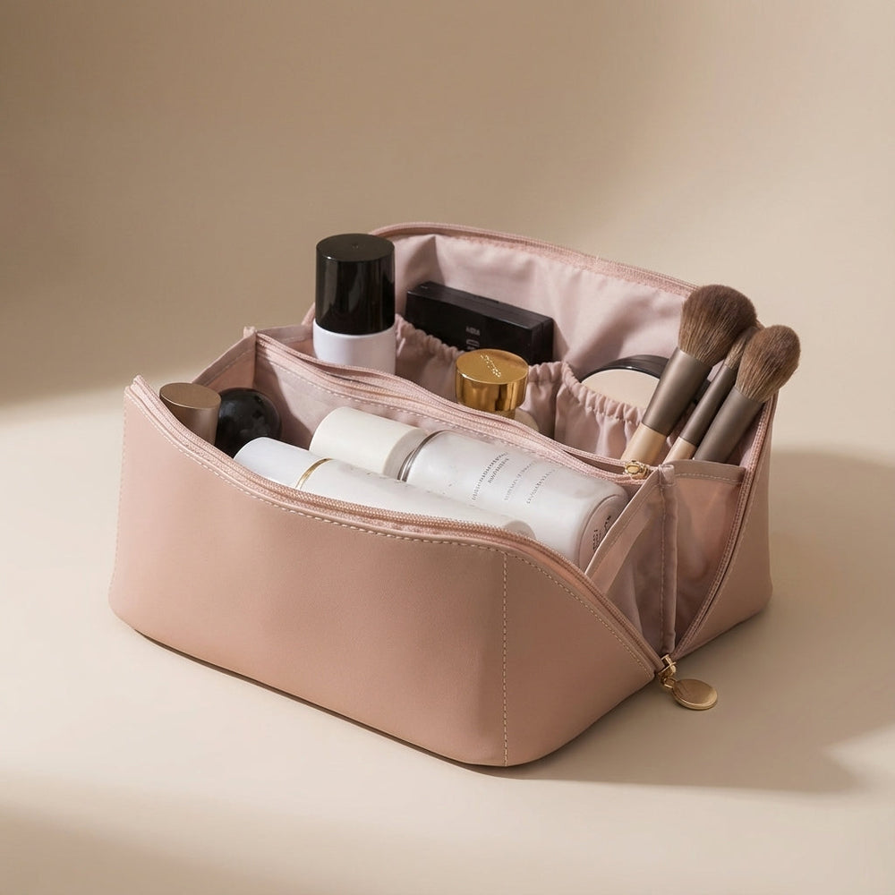 Geopende TidyBloom make-up organizer met diverse beauty producten; perfect voor geordend opbergen.