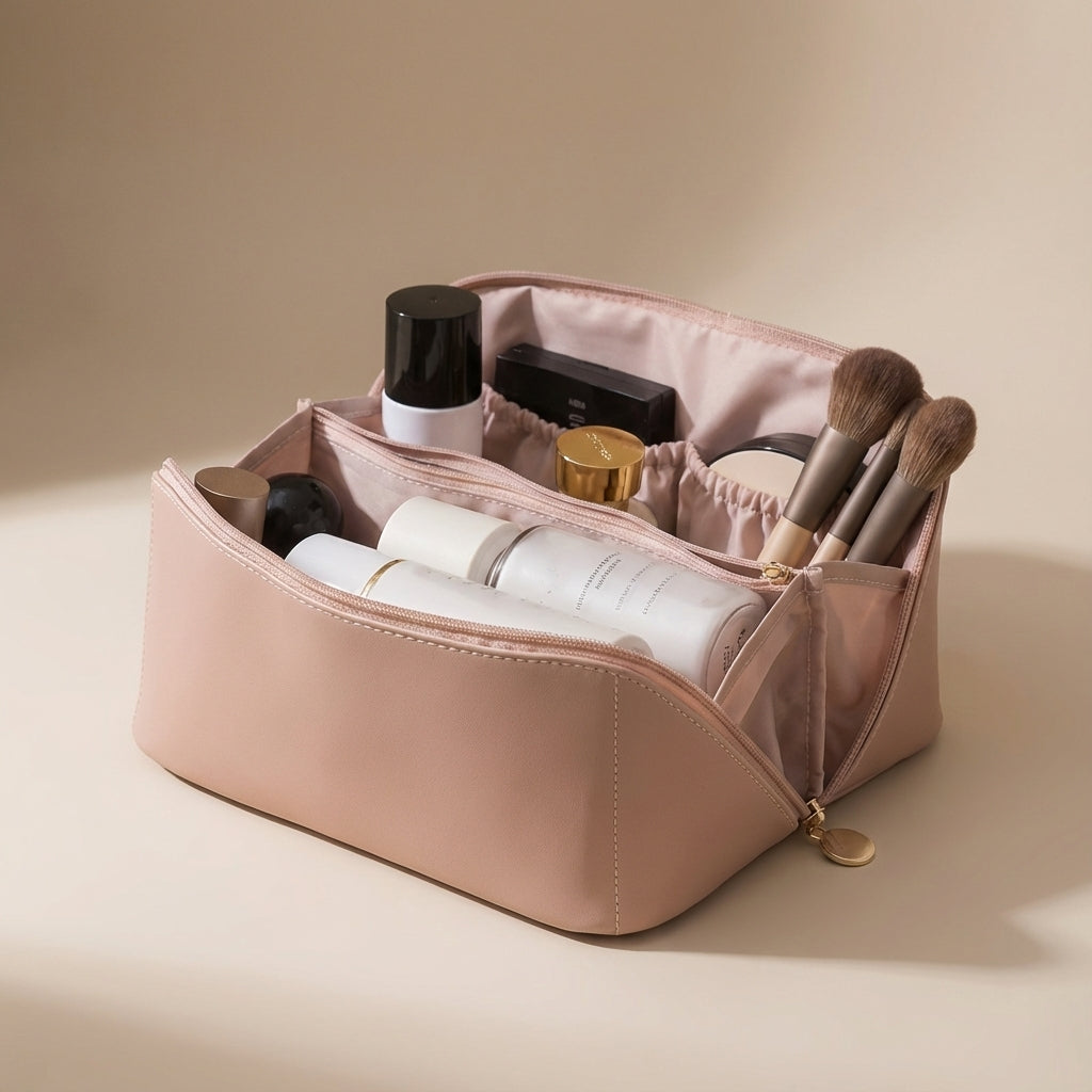 Geopende TidyBloom make-up organizer met diverse beauty producten; perfect voor geordend opbergen.