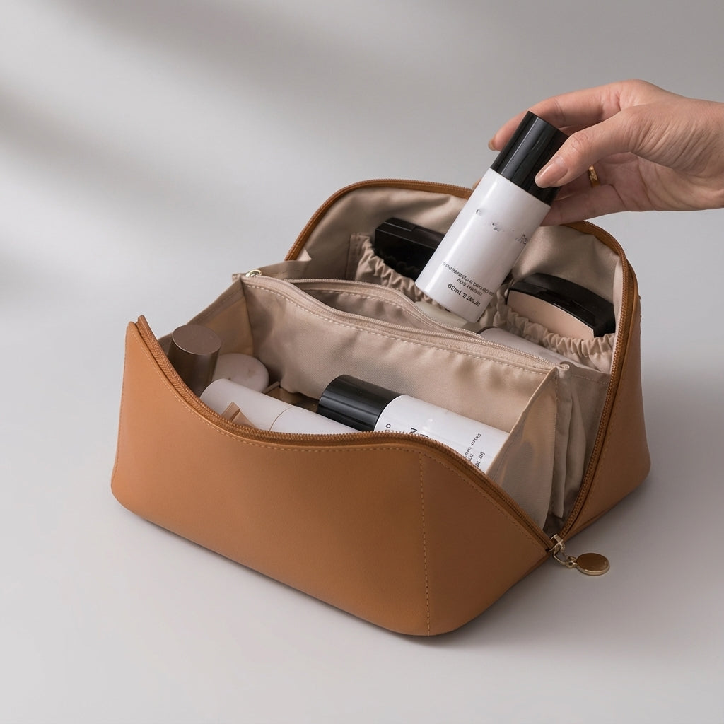 TidyBloom beauty organizer naast reisbenodigdheden, klaar om al je cosmetica mee te nemen.
