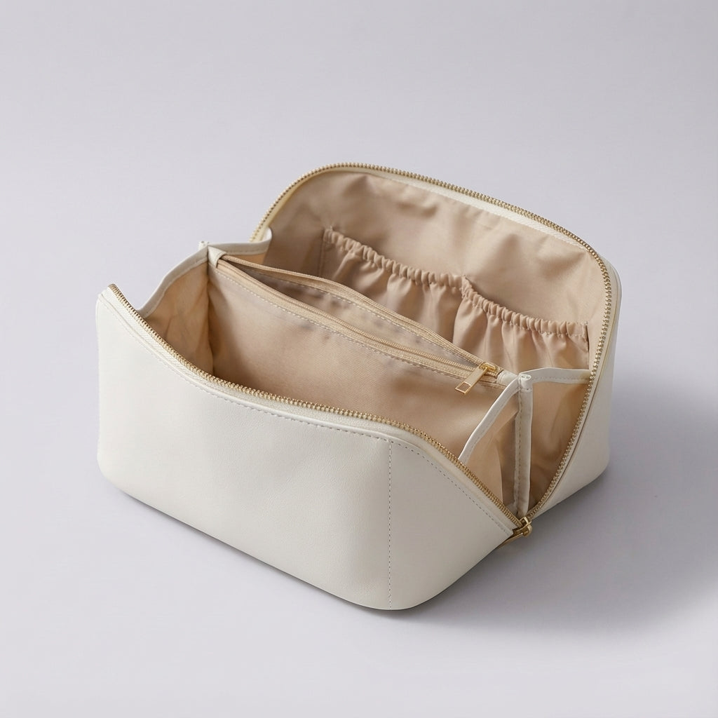 TidyBloom draagbare cosmetica organizer op een make-up tafel, houdt producten georganiseerd.