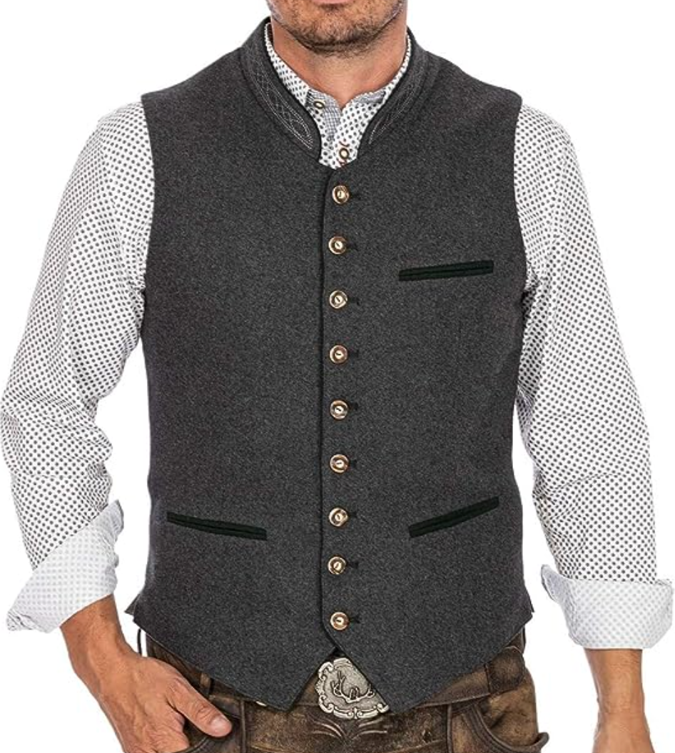 Tijdloze grijze heren gilet met klassieke kraag, ideaal voor formele of casual gelegenheden. Stijlvolle herenmode.