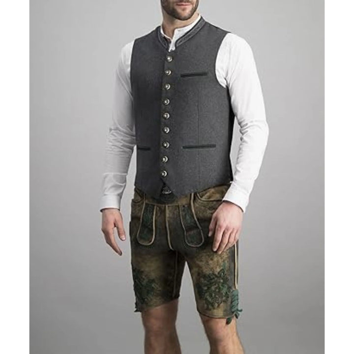Grijze heren gilet met authentiek design en klassieke kraag. Perfect voor een stijlvolle, tijdloze casual of formele look.