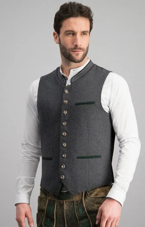 Stijlvol grijs heren gilet met klassieke kraag, veelzijdig voor formele kleding of een casual look. Tijdloze heren vest.