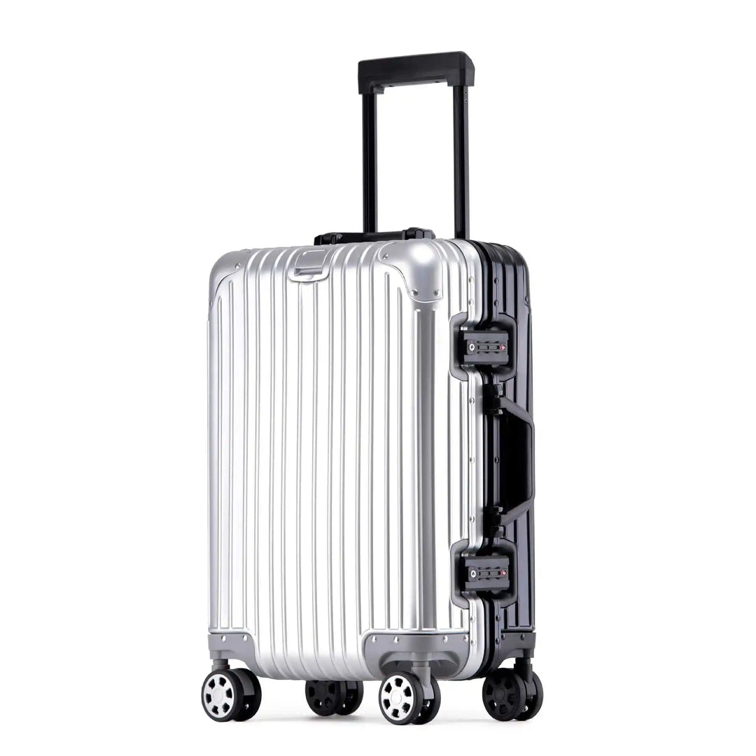 Stijlvolle Tirana aluminium reiskoffer met soepele 360° spinnerwielen voor moeiteloos reizen.