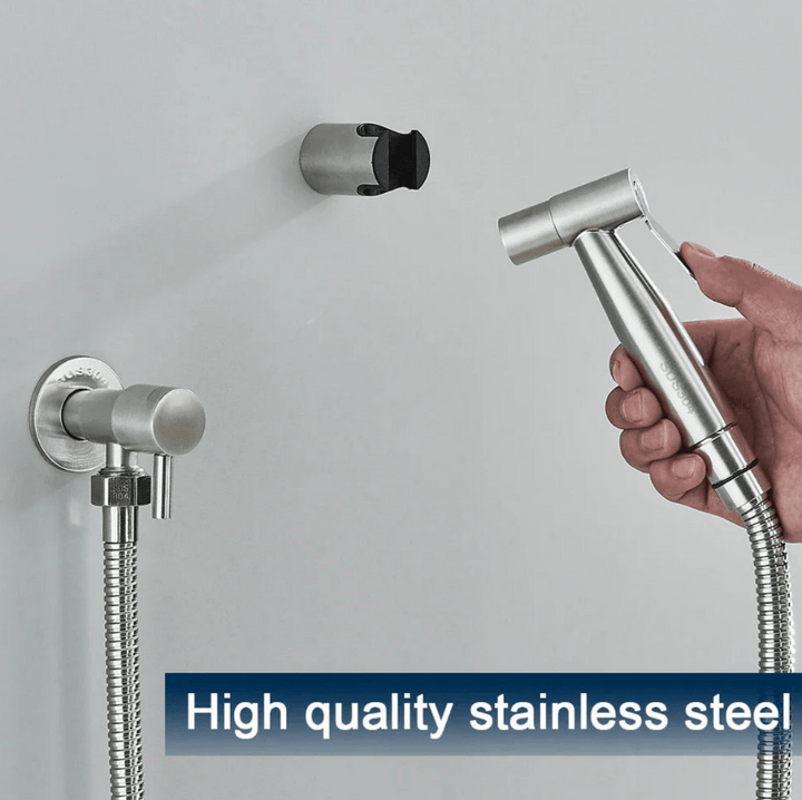 "Toilet bidet sprayer, modern ontwerp, roestbestendig, zilver, zwart, hygiënisch en comfortabel accessoire voor badkamer."