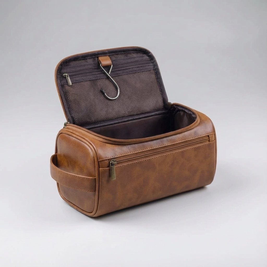 Toilevo unisex toilettas gevuld met reisbenodigdheden; alles georganiseerd en binnen handbereik.