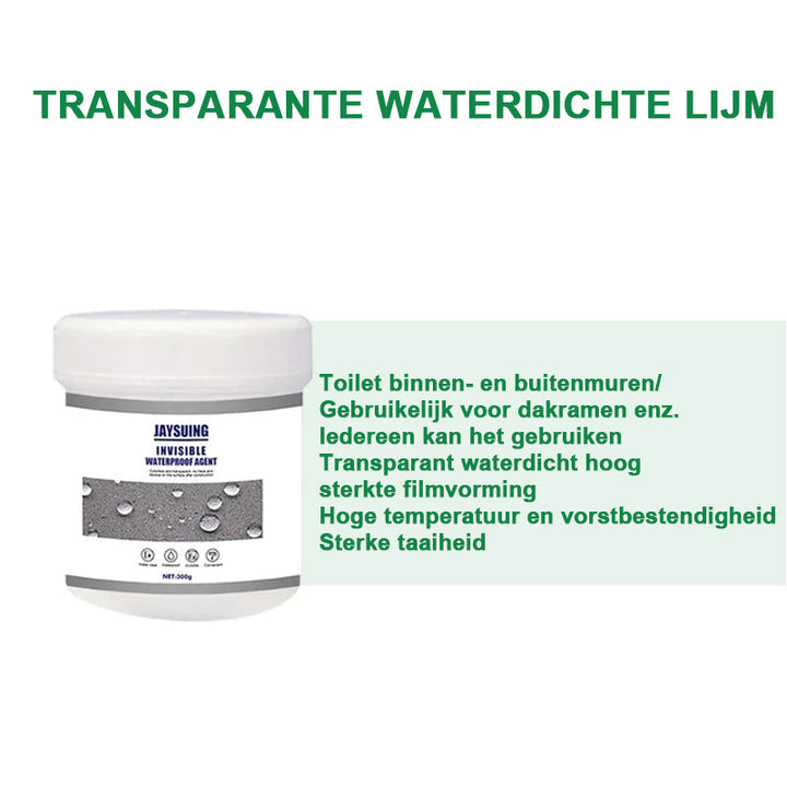 Een professional brengt transparante afdichtingscoating aan op een dak, voor waterdichte bescherming van het gebouw.
