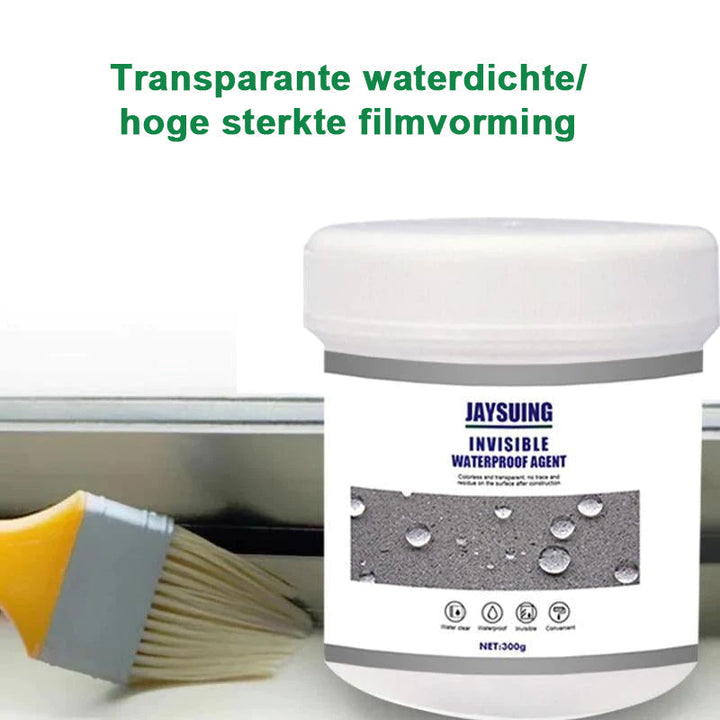 Voor en na van een muur: eerst met waterschade, daarna onzichtbaar hersteld met transparante afdichtingscoating.