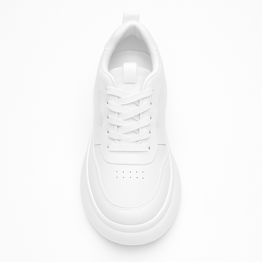 Stijlvolle witte plateau sneakers voor dames. Deze trendy schoenen combineren comfort met een modieuze dikke zool.