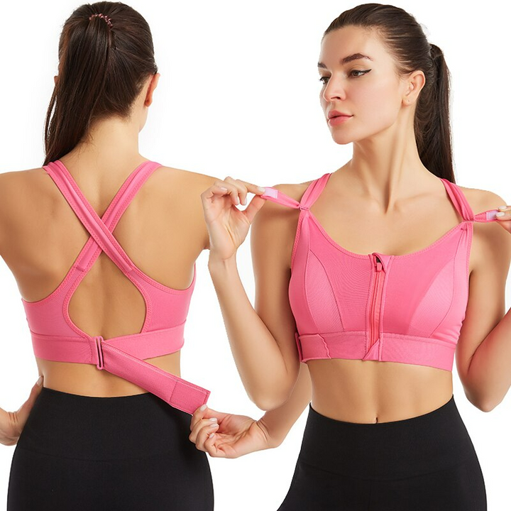 Close-up van het ademende materiaal van een dames sportbeha, ontworpen voor comfort en vochtregulatie.