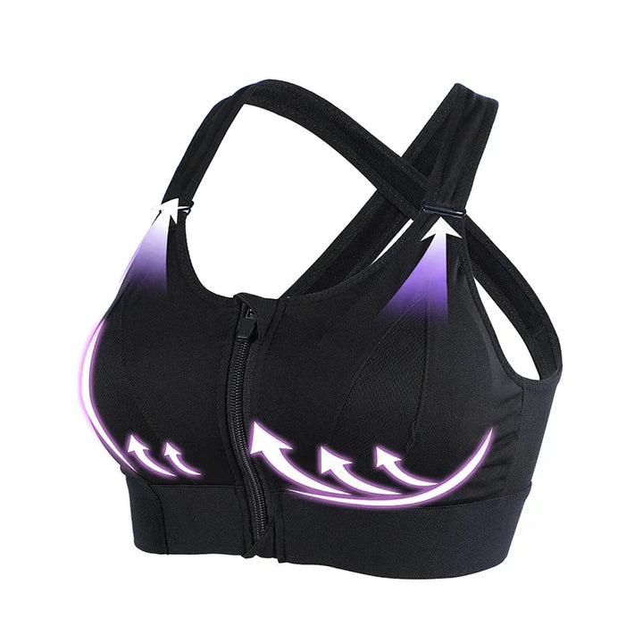 Reeks dames fitness beha's in verschillende kleuren, alle met ritssluiting en comfort voor sportkleding.