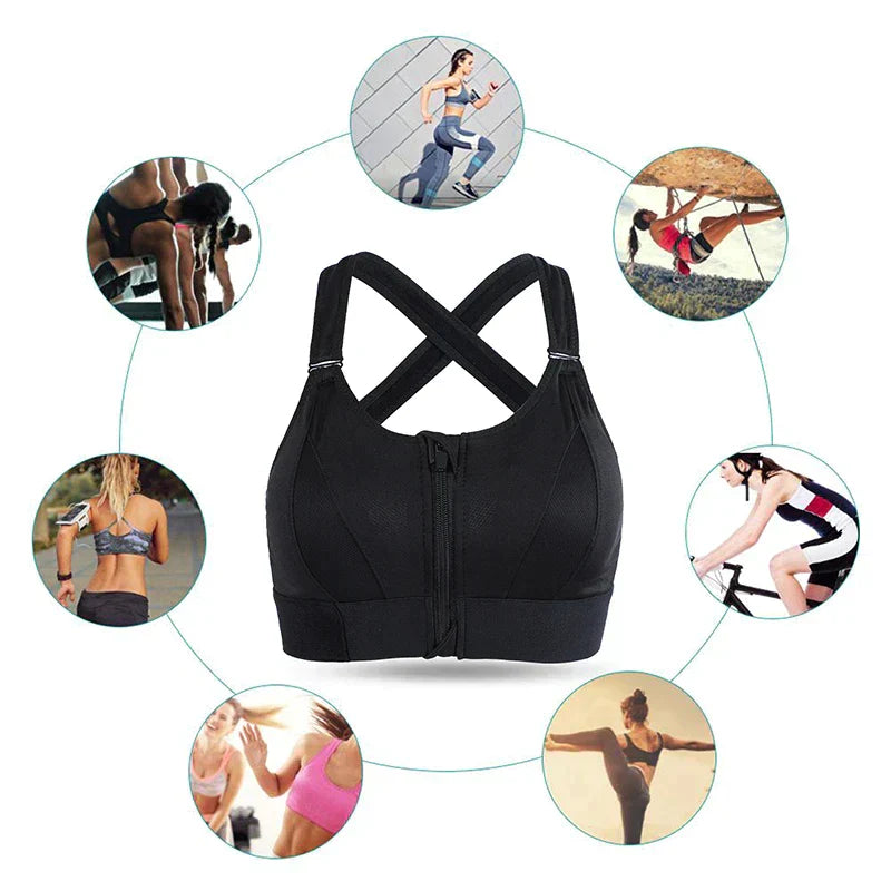 Opgevouwen dames sportbeha met ritssluiting, toont de kwaliteit en het ontwerp voor comfort en ondersteuning.