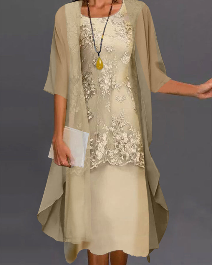 Tweedelige chiffon jurk met 3/4-mouwen en patchworkdetails, elegante vloeiende pasvorm van L tot 5XL.