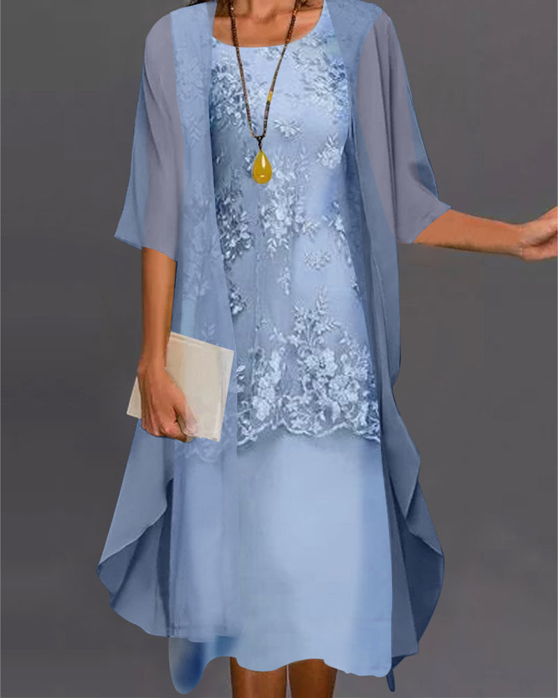 Tweedelige chiffon jurk met 3/4-mouwen en patchworkdetails, elegante vloeiende pasvorm van L tot 5XL.