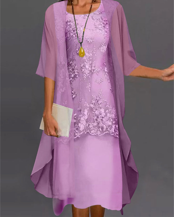 Tweedelige chiffon jurk met 3/4-mouwen en patchworkdetails, elegante vloeiende pasvorm van L tot 5XL.