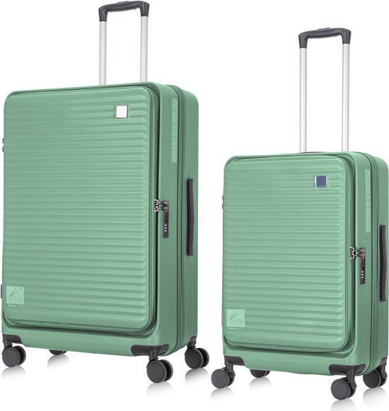 Zakelijke 2-delige hardcase kofferset met apart laptopcompartiment, 360 graden wielen en TSA-slot.