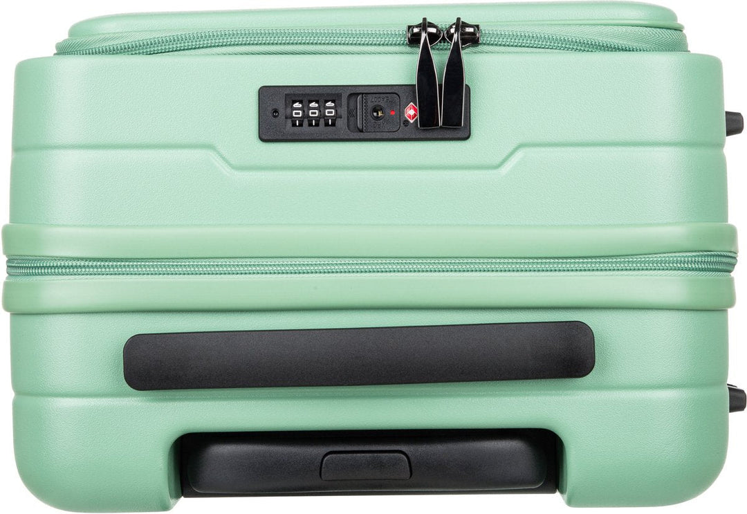 Paarse 2-delige trolley set met harde schaal, speciaal laptopvak en TSA-slot voor veilige reizen.