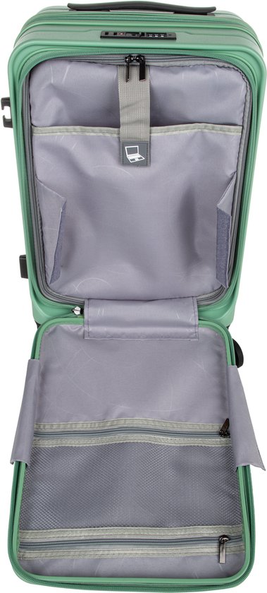 Zwarte hardcase kofferset (2 stuks) met uitbreidbare functie en apart laptopvak, essentieel voor zakelijk gebruik.