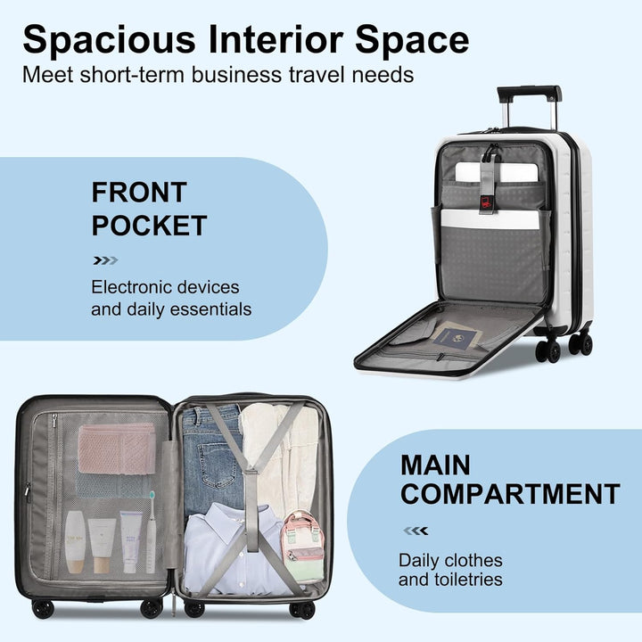 Compacte harde schaal reiskoffer, uitbreidbaar, met TSA-slot en voorklep; perfect voor korte trips.
