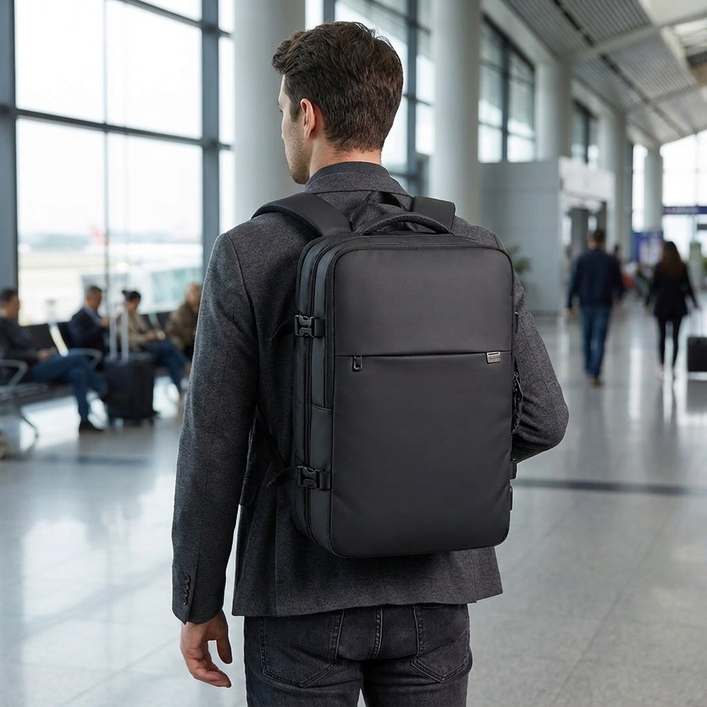 Uitbreidbare Safepackr reisrugzak, waterdicht, geschikt als handbagage, met laptopvak. Ideaal voor reizen.