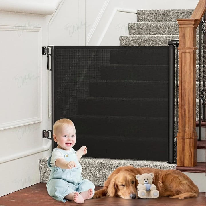 Flexibel uittrekbaar huisdierenhek zwart, oprolbaar poortje voor honden en katten. Veilige afscheiding in huis of gang.
