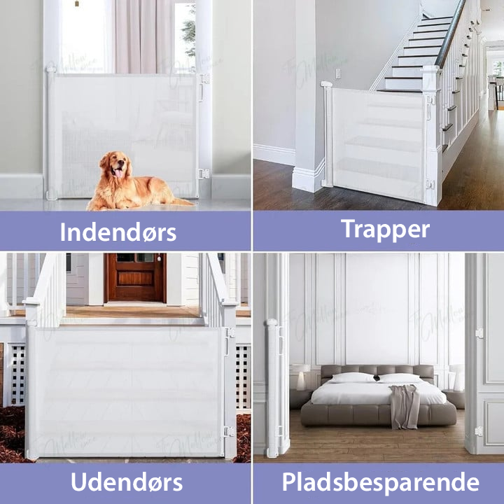 Modern oprolbaar veiligheidshekje beige, uittrekbaar babyhekje voor een strak interieur. Ideaal voor brede openingen.