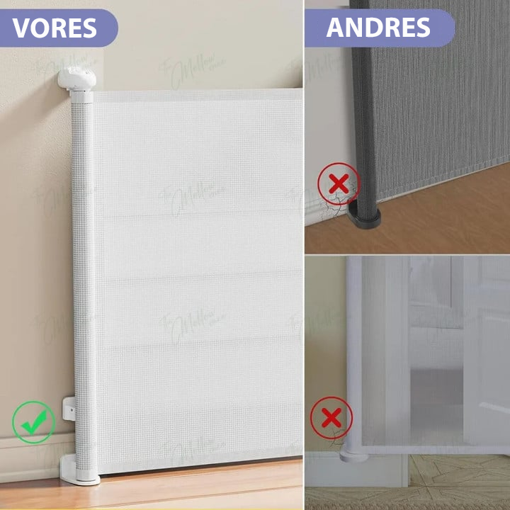 Ruimtebesparend uittrekbaar babyhekje zwart. Oprolbaar veiligheidshekje voor trappen en deuren, optimale kinderveiligheid.