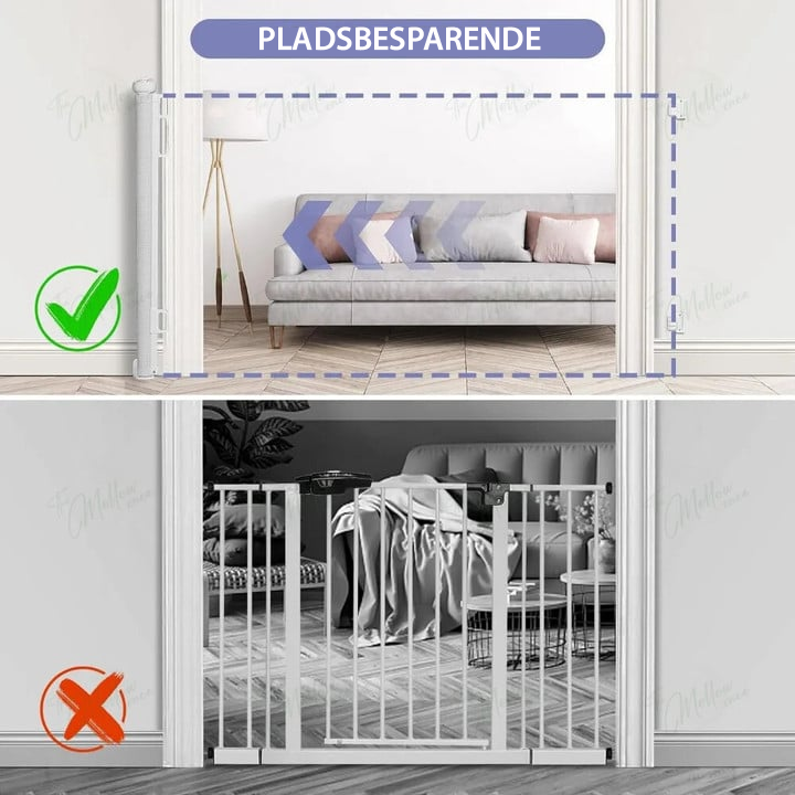 Uittrekbaar kinderveiligheidshekje grijs. Multifunctioneel oprolbaar poortje voor baby's, kleuters en huisdieren.