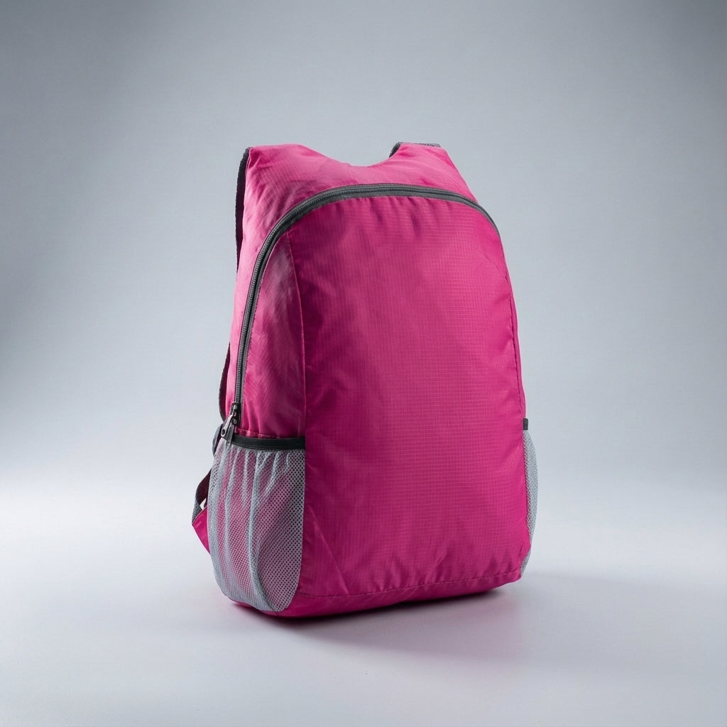 Opvouwbare reistas van duurzaam polyester, minimale belasting en maximale functionaliteit.