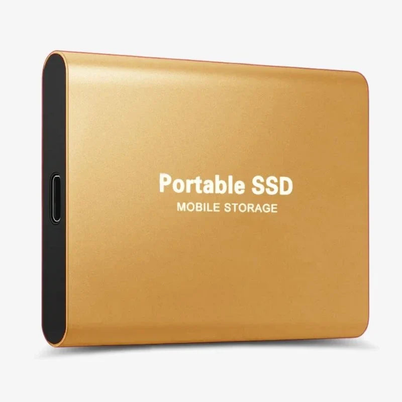 Close-up van de compacte externe SSD, toont USB-poort voor universele connectiviteit.