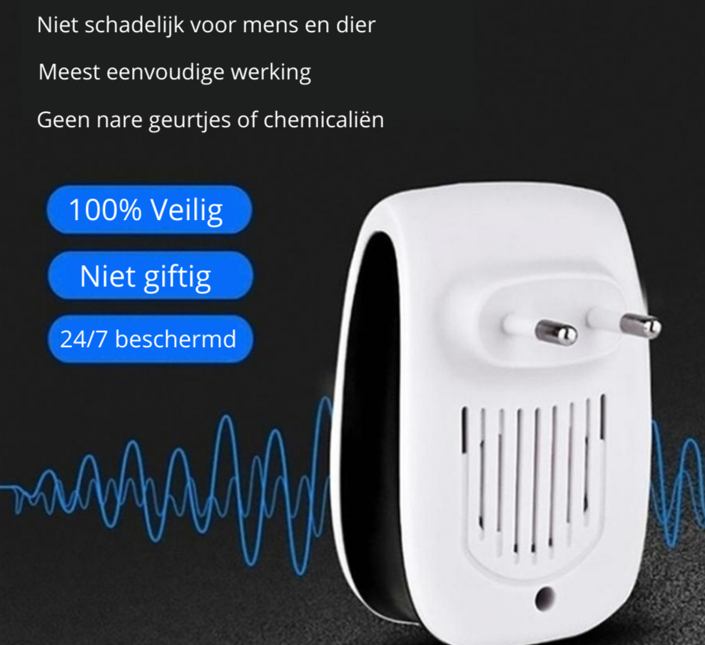 "Ultrasone ongediertebestrijder in stopcontact, chemisch vrij en veilig, beschermt huis tegen muizen en insecten."