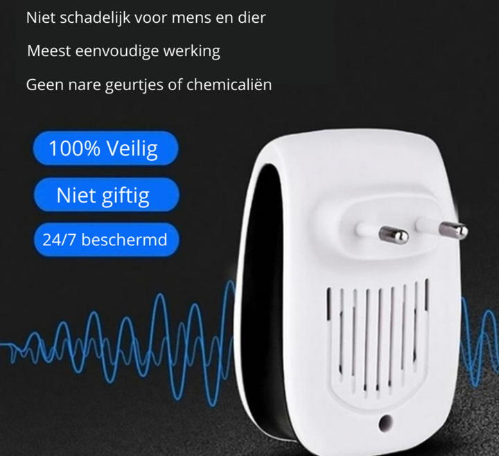 "Ultrasone ongediertebestrijder in stopcontact, chemisch vrij en veilig, beschermt huis tegen muizen en insecten."