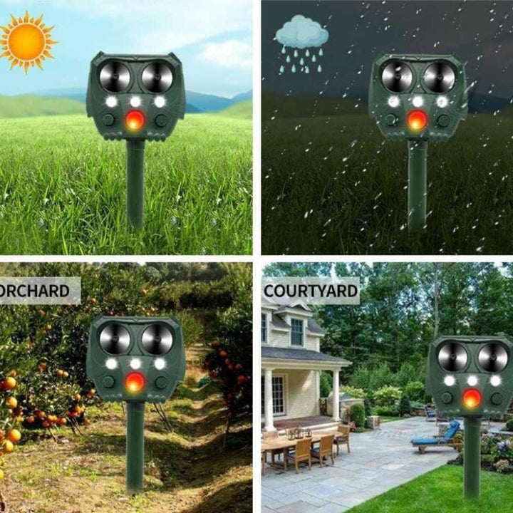 "Ultrasoon afweermiddel in tuin, weerbestendig, stoot katten en honden af met ultrasone geluiden, groene behuizing."