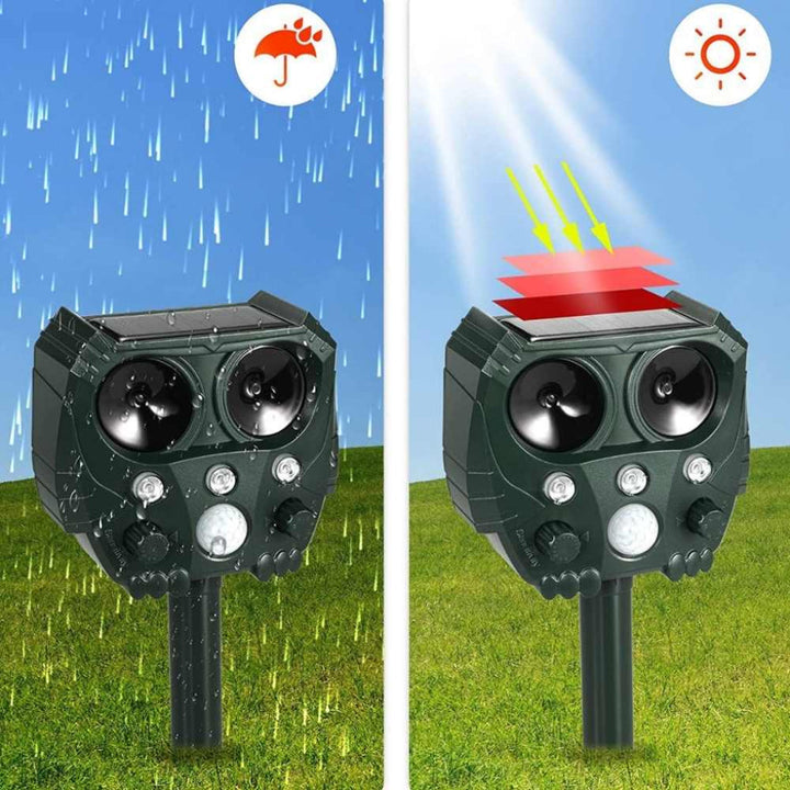 "Ultrasoon afweermiddel in tuin, weerbestendig, stoot katten en honden af met ultrasone geluiden, groene behuizing."