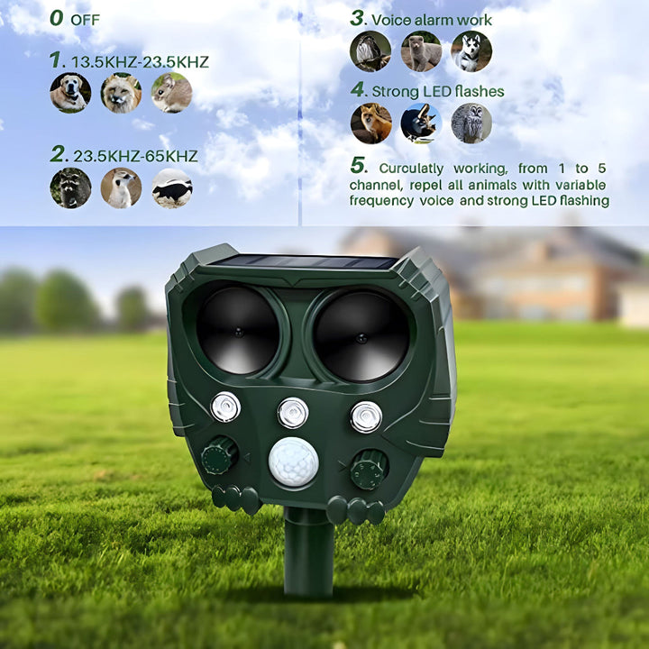 "Ultrasoon afweermiddel in tuin, weerbestendig, stoot katten en honden af met ultrasone geluiden, groene behuizing."