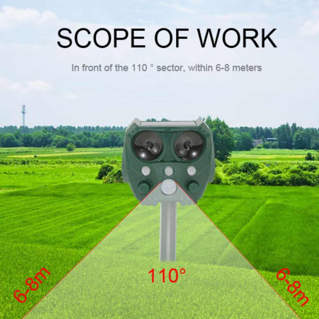 "Ultrasoon afweermiddel in tuin, weerbestendig, stoot katten en honden af met ultrasone geluiden, groene behuizing."