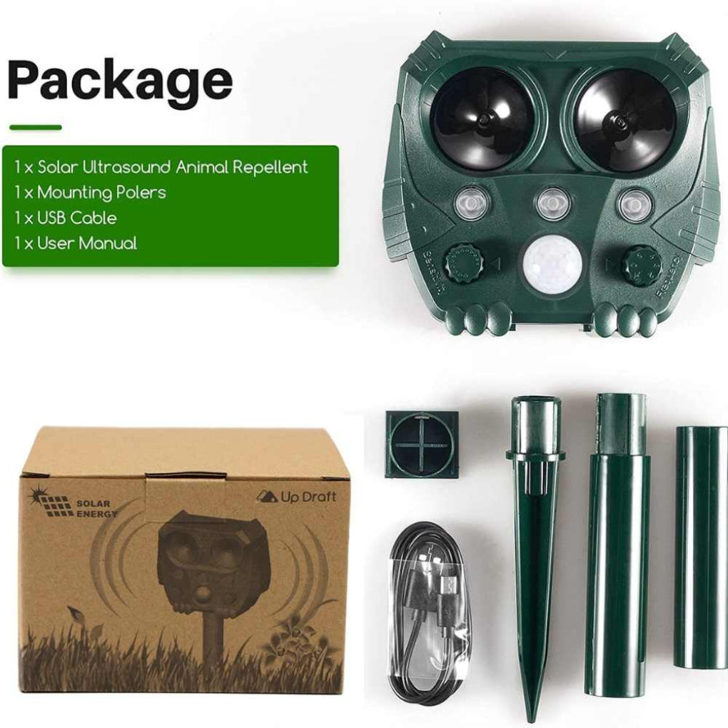 "Ultrasoon afweermiddel in tuin, weerbestendig, stoot katten en honden af met ultrasone geluiden, groene behuizing."