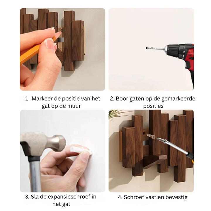 Gedetailleerd beeld van de houten opklapbare haken van de pianostijl wandkapstok in de hal.