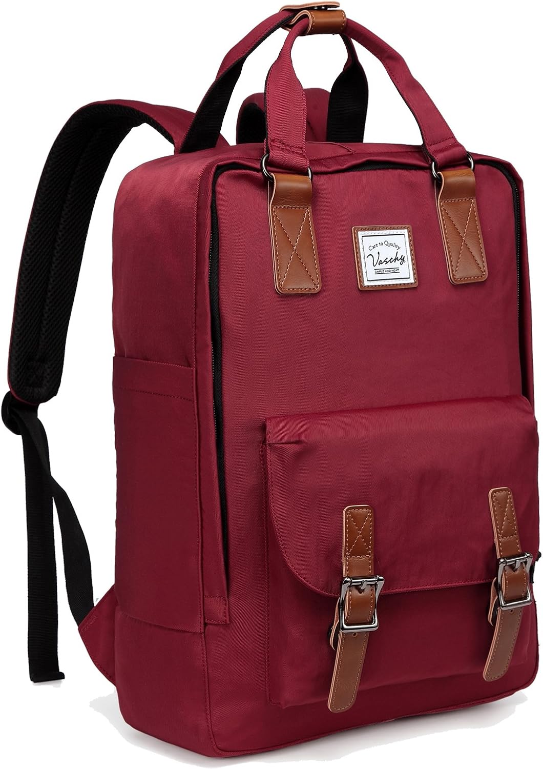 Zijaanzicht van de waterdichte 15.6" UrbanEase laptoprugzak, robuust en vintage, geschikt voor school en reizen.