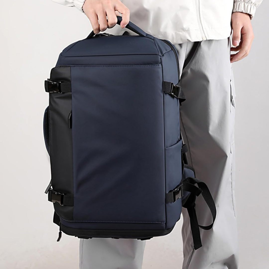 Unisex 15 inch waterdichte laptoprugzak met USB-C poort en zijopening, ideaal voor werk of school.
