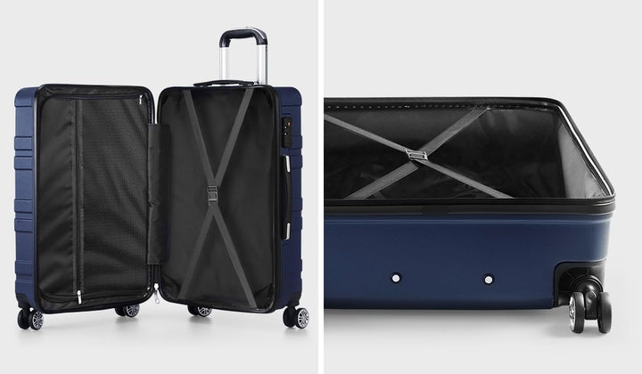 Unisex hard-shell spinner kofferset, 3-delig, ontworpen voor comfort en veiligheid tijdens reizen.