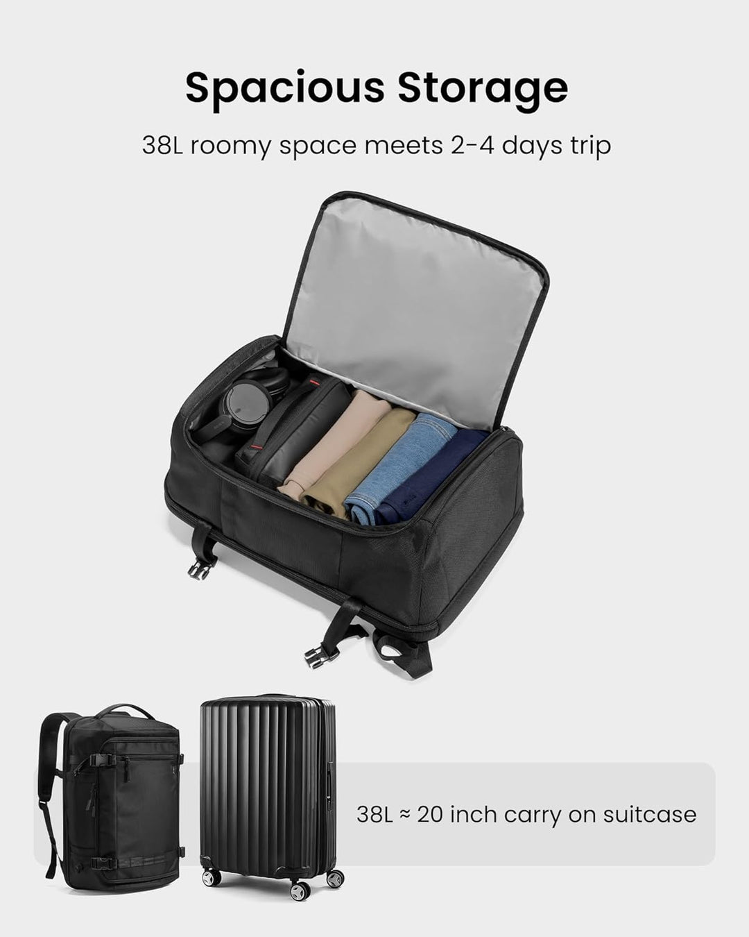 Duurzame unisex reisrugzak, 38L, als handbagage toegestaan. Met handig laptopvak voor snelle controle.