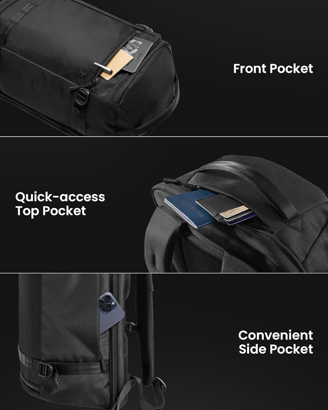 Compacte 38L handbagage rugzak met diverse compartimenten voor optimale organisatie op vliegreizen.