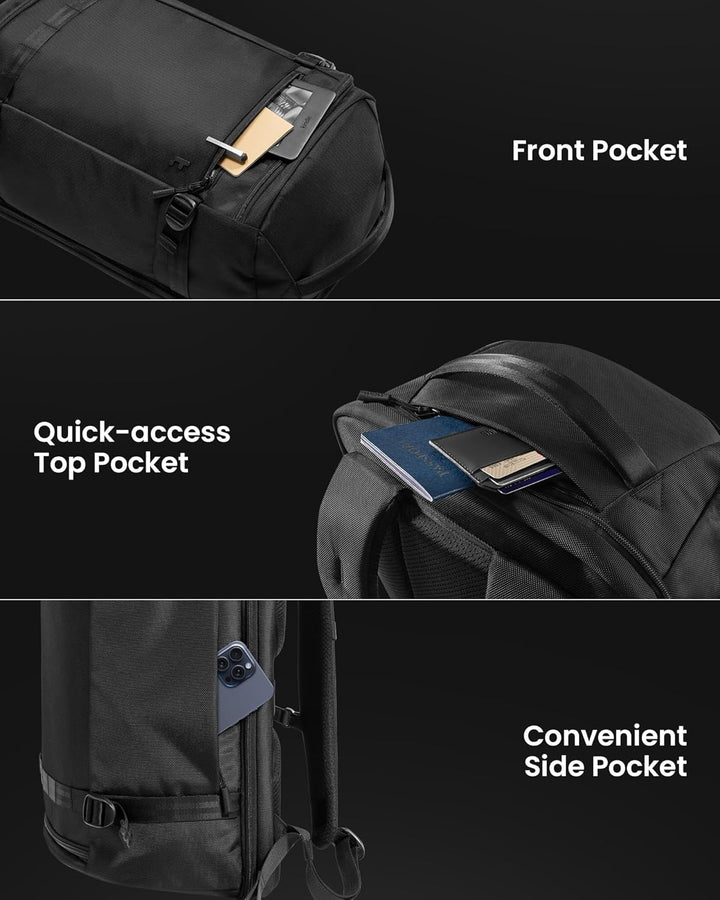 Compacte 38L handbagage rugzak met diverse compartimenten voor optimale organisatie op vliegreizen.