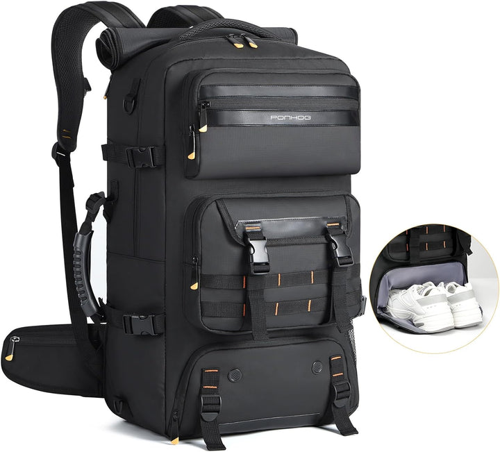 Unisex 50L reisrugzak, handbagage formaat. Ideaal voor reizen met schoenenvak & USB-poort. Waterafstotend.