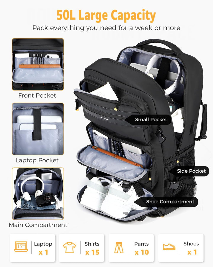 Convertibele 50L travel backpack als reisrugzak of weekendtas. Met handige USB-oplaadpoort en schoenenvak.